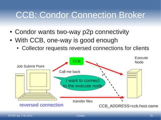 CCB: Condor Connection Broker
 ●   Condor wants two-way p2p connectivity
 ●   With CCB, one-way is good enough
      ●   C...