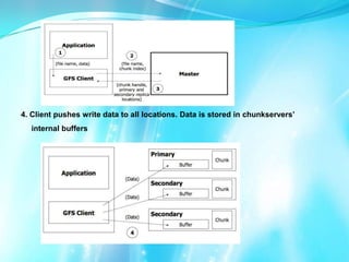 4. Client pushes write data to all locations. Data is stored in chunkservers’
internal buffers

 