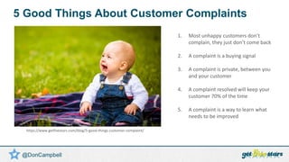 1. Most unhappy customers don’t
complain, they just don’t come back
2. A complaint is a buying signal
3. A complaint is pr...