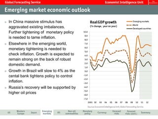 In China massive stimulus has
aggravated existing imbalances.
Further tightening of monetary policy
is needed to tame inflation.
Elsewhere in the emerging world,
monetary tightening is needed to
check inflation. Growth is expected to
remain strong on the back of robust
domestic demand.
Growth in Brazil will slow to 4% as the
cental bank tightens policy to control
inflation.
Russia’s recovery will be supported by
higher oil prices
 