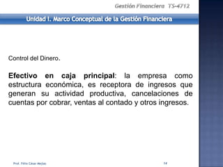 Control del Dinero.

Efectivo en caja principal: la empresa como
estructura económica, es receptora de ingresos que
generan su actividad productiva, cancelaciones de
cuentas por cobrar, ventas al contado y otros ingresos.




 Prof. Félix César Mejías                     14
 