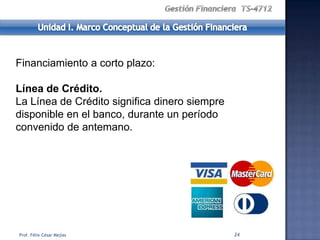 Financiamiento a corto plazo:

Línea de Crédito.
La Línea de Crédito significa dinero siempre
disponible en el banco, durante un período
convenido de antemano.




Prof. Félix César Mejías                       24
 