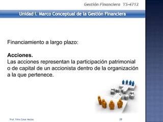 Financiamiento a largo plazo:

Acciones.
Las acciones representan la participación patrimonial
o de capital de un accionista dentro de la organización
a la que pertenece.




 Prof. Félix César Mejías                      28
 