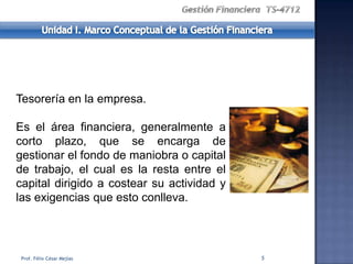 Tesorería en la empresa.

Es el área financiera, generalmente a
corto plazo, que se encarga de
gestionar el fondo de maniobra o capital
de trabajo, el cual es la resta entre el
capital dirigido a costear su actividad y
las exigencias que esto conlleva.




 Prof. Félix César Mejías                   5
 
