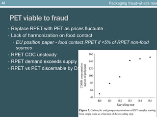 PET viable to fraud
• Replace RPET with PET as prices fluctuate
• Lack of harmonization on food contact
• EU position paper - food contact RPET if <5% of RPET non-food
sources
• RPET COC unsteady
• RPET demand exceeds supply
• RPET vs PET discernable by DSC
Packaging fraud-what’s now42
 