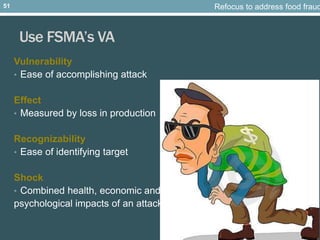 Use FSMA’s VA
Vulnerability
• Ease of accomplishing attack
Effect
• Measured by loss in production
Recognizability
• Ease ...