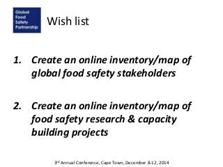 Wish list
1. Create an online inventory/map of
global food safety stakeholders
2. Create an online inventory/map of
food safety research & capacity
building projects
3rd Annual Conference, Cape Town, December 8-12, 2014
 