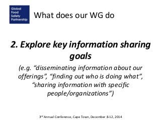 What does our WG do
2. Explore key information sharing
goals
(e.g. “disseminating information about our
offerings”, “finding out who is doing what”,
“sharing information with specific
people/organizations”)
3rd Annual Conference, Cape Town, December 8-12, 2014
 