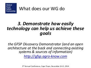 What does our WG do
3. Demonstrate how easily
technology can help us achieve these
goals
the GFSP Discovery Demonstrator (and an open
architecture at the back end connecting existing
systems & sources of information)
http://gfsp.agro-know.com
3rd Annual Conference, Cape Town, December 8-12, 2014
 