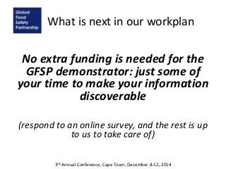 What is next in our workplan
No extra funding is needed for the
GFSP demonstrator: just some of
your time to make your information
discoverable
(respond to an online survey, and the rest is up
to us to take care of)
3rd Annual Conference, Cape Town, December 8-12, 2014
 