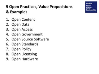 9 Open Practices, Value Propositions
& Examples
1. Open Content
2. Open Data
3. Open Access
4. Open Government
5. Open Source Software
6. Open Standards
7. Open Policy
8. Open Licensing
9. Open Hardware
 