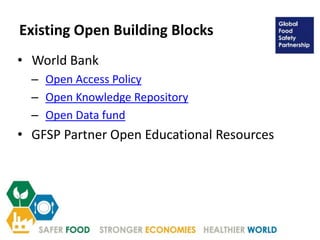 Existing Open Building Blocks
• World Bank
– Open Access Policy
– Open Knowledge Repository
– Open Data fund
• GFSP Partner Open Educational Resources
 