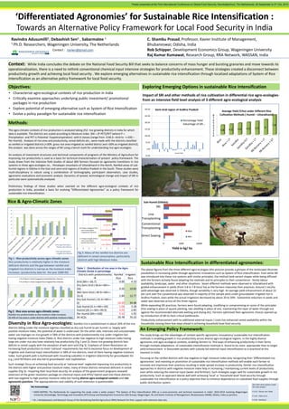 Poster presented at the First International Conference on Global Food Security, Noordwijkerhout, The Netherlands; 29 September to 2nd Oct, 2013

‘Differentiated Agronomies’ for Sustainable Rice Intensification :
Towards an Alternative Policy Framework for Local Food Security in India
Ravindra Adusumilli1, Debashish Sen1 , Sabarmatee 1
1 Ph.D. Researchers, Wageningen University, The Netherlands

C. Shambu Prasad, Professor, Xavier Institute of Management,
Bhubaneswar, Odisha, India
Rob Schipper, Development Economics Group, Wageningen University
Raj Kumar Kumawat, Research Group, RRA Network, WASSAN, India

Contact : raviwn@gmail.com

Context: While India concludes the debate on the National Food Security Bill that seeks to balance concerns of mass hunger and bursting granaries and move towards its
operationalization, there is a need to rethink conventional chemical input intensive strategies for productivity enhancement. These strategies created a disconnect between
productivity growth and achieving local food security . We explore emerging alternatives in sustainable rice intensification through localized adaptations of System of Rice
Intensification as an alternative policy framework for local food security.

Objectives:

Exploring Emerging Options in sustainable Rice Intensification

• Characterize agro-ecological contexts of rice production in India
• Critically examine approaches underlying public investment/ promotional
packages in rice production
• Explore potential of emerging alternative such as System of Rice Intensification
• Evolve a policy paradigm for sustainable rice intensification

Methods:

Impact of SRI and other methods of rice cultivation in differential rice agro-ecologiesfrom an intensive field level analysis of 3 different agro-ecological analysis
300.00

Semi-Arid region of Andhra Pradesh

250.00

Percentage Yield
Advantage of SRI…

200.00

The agro-climatic contexts of rice production is analyzed taking 252 rice growing districts in India for which
data is available. The districts are scaled according to Moisture Index (MI = (P-PET)/PET )where P =
Precipitation and PET is Potential Evapotranspiration) with 6 classes (range from -0.66.6 –Arid to >+100 –
Per Humid). Analysis of rice area and productivity, cereal deficits etc., were made with the districts classified
as rainfed or irrigated districts (<30% gross rice area irrigated as rainfed district and >30% as irrigated district);
the analysis was done across the ranges of MI using a bench mark for understanding rice agro-ecologies.
An analysis of investment structures and technical components of programs of the Ministry of Agriculture for
improving rice productivity is used as a basis for technical-characterisation of present policy-framework. The
study draws from the intensive field studies of about 600 farmers focused on agronomic transitions in rice
systems in three agro-ecologies viz., Himalayan mountains of Uttarakhand in the North, Rainfed areas of subhumid regions in Odisha in the East and semi-arid regions of Andhra Pradesh in the South. These studies were
multi-disciplinary in nature using a combination of technography, participant observation, case studies,
agronomic evaluations and economic analysis. Dynamics of spread, technological change and impact of SRI in
particular were systematically analysed.

150.00
100.00

8
7
6
5
4
3
2
1
0

Average Yield (T/ha) under Different Rice
Cultivation Methods ( Humid – Uttarakhand)

3.8

4.2

4.6

4.9

5.3

6

7.8

50.00
0.00
Survey Plots

-50.00

Preliminary findings of these studies when overlaid on the different agro-ecological contexts of rice
production in India, provided a basis for evolving “Differentiated Agronomies” as a policy framework for
sustainable rice intensification.

Rice & Agro-Climatic Zones

Sub-Humid (Odisha)

SRI
All ACZs

35
30

Line
Transplanting

Per Humid

25

Humid

20
15

Conventional
Transplanting

Sub Humid
% Gap in Supply of Rice
over Consumption
Irrigated Rice Districts

10
5

Dry Sub Humid

Max

Direct Sowing

Wet Semi Arid

0

% Gap in Supply of Rice
over Consumption
Rainfed Rice Districts

Dry Semi Arid

Average Yield (q/ha.)
Irrigated_Rice Districts

Fig 1 : Rice productivity across agro-climatic zones
Rice productivity is relatively higher in the moisture
deficient districts and the gap between rainfed and
irrigated rice districts is narrow as the moisture index
increases. (productivity data for the year 2008-09)
% of Rice in Total Cropped Area Rainfed Rice Districts
% of Rice in Total Cropped Area Irrigated Rice Districts
50
45
40
35
30
25
20
15
10
5
0

Fig 2 : Rice area across agro-climatic zones
Rainfed rice predominates as the moisture index increases.
26.43% of rice area is under districts with positive moisture index.

0

Arid * (205%)

Average Yield (q/ha.)
Rainfed_Rice Districts
-60

-50

-40

-30

Min

-20

-10

0

10

20

30

Table 1 : Distribution of rice area in the AgroClimatic Zones in percentage

Districts with predominantly Rainfed Irrigated

Rice
Rice
0.00
4.10
Arid (Mi<=-66.7)
Dry Semi Arid (-66.6<=MI<=0.50
10.83
50)
Wet Semi Arid (-49.9<=MI<=2.84
12.77
33.4)
Dry Sub Humid (-33.3<=MI<=16.20
34.48
0)
1.56
3.28
Sub Humid (0.1<=MI<=20)
3.55
2.85
Humid (20.1<=MI<=99.9)
5.12
1.92
Per Humid (MI>=100)
29.78
70.22
All ACZs

Diversity in Rice Agro-ecologies: Rainfed rice is predominant in about 26% of the rice
districts falling under the moisture regimes classified as dry-sub humid to per humid i.e. largely with
positive moisture index, the potential of water is underused. On the other side, intensive and unsustainable
water use impinges on rice growth in 58% of the districts with predominantly rice under irrigation but
having negative moisture index (Table 1). Rice districts under low negative to high moisture index having
large are under rice also have relatively low productivity (Fig 1 and 2); these rice growing districts face
deficits in cereal supply with the exception of wet semi-arid (Fig 3). Emphasis of Green Revolution on
increasing food production to meet ‘national’ requirements has led to excessive focus on development of
irrigation and chemical input intensification in 58% of rice districts, most of them having negative moisture
index. Such growth path is buttressed with mounting subsidies in irrigation (electricity for groundwater for
e.g.,) and fertilizers and also led to groundwater over exploitation.
Such strategic focus on achieving food security at ‘national level’ neglected improving rice productivity in
the districts with higher and positive moisture index; many of these districts remained deficient in cereal
supplies (Fig 3)– impairing their local food security. An analysis of the government programs revealed
extension of the green revolution package on chemical inputs and HYVs/ hybrid seed into these districts
with low negative to high positive moisture index but having diverse agro-ecological contexts and rice
agronomic practices. The appropriateness and viability of such extension is questionable.

10000

Yield in kg/ ha

40

Fig 3: Many of the rainfed rice districts are
deficient in cereal consumption, particularly
districts with high Moisture Index

5000

Sustainable Rice Intensification in differentiated agronomies:
The above figures from the three different agro-ecologies (the pictures provide a glimpse of the landscape) illustrate
possibilities in increasing yields through agronomic innovations such as System of Rice Intensification. Even while SRI
was introduced into these rice systems with similar principles, the method took variant shapes while being diffused
with the farmers actively found adapting the methods and its principles to their convenience - family labour
availability, landscape, water and other situations. Seven different methods were observed in Uttarakhand with
graded enhancement in yields (from 3.8 to 7.8 tons/ ha) as the farmers improvise their practices. Around 1 ton/ha
yield advantage was observed in Odisha, though variability is very high. An average yield enhancement of about 23
per cent over the conventional was observed in majority of the sample plots under groundwater irrigated rice in
Andhra Pradesh, even while the actual irrigations decreased by about 20 to 30%. Substantial reduction in seeds and
water was observed across all the three regions.
While expanding SRI practices, farmers were found adapting, modifying or compromising on some of the principles
(line sowing in place of square planting, two seedling in place of one, maintaining thin layer of water through out
against the recommended alternate wetting and drying etc). Farmers optimised their agronomic choices opened up
by introduction of SRI to their critical bottlenecks.
Productivity enhancement with no additional external inputs / costs has enhanced cereal availability within the
households moving them few steps ahead in achieving household level food security.

An Emerging Policy Framework:
The study brings out the advantages of context specific agronomic innovations/ sustainable rice intensification
methods in enabling growth in rice productivity across diverse agro-ecological regions. In the highly diverse
agronomic and agro-ecological contexts, enabling farmers to find ways of enhancing productivity in their farms
through multiple adaptations of sustainable intensification methods is found to be more appropriate than to target
yield enhancement in favourable pockets with subsidy led external input intensification as is practiced at this
moment in India.
Focusing on the rainfed districts with low negative to high-moisture index duly recognizing their ‘differentiated rice
agronomies’ and investing on promotion of sustainable rice intensification methods will enable each farmer to
innovate and improvise their practices resulting in wide spread increase in productivity. Similar rice intensification
approaches in districts with negative moisture index help in increasing / maintaining current levels of productivity
even while reducing the external input (water and fertilizer). Such strategies auger well for sustainable growth in rice
productivity. Such an approach blends well with achieving ‘local’ or ‘household level’ food security through
sustainable rice intensification as a policy objective than to enhance dependence on subsidized food supplies through
public distribution system.

We Acknowledge

Also refer other posters under
the same project :

• NWO-WOTRO, The Netherlands for supporting the study under a wider project “The System of Rice Intensification (SRI) as a socio-economic and technical movement in India”, 2010-2014 involving Wageningen
University (Knowledge, Technology and Innovation (KTI) Group and Development Economics (DE) Group), Wageningen, NL and Xavier Institute of Management, Bhubaneswar (XIMB), Odisha, India as partners.

P 4.25 – Glover and Maat

• Dr. J Venkateswarlu and Research Group of the Revitalizing Rainfed Agriculture (RRA) Network for their support with extensive data sets.

P 4.30 – Berkhout

P 1.43 – DSen et al.,

 