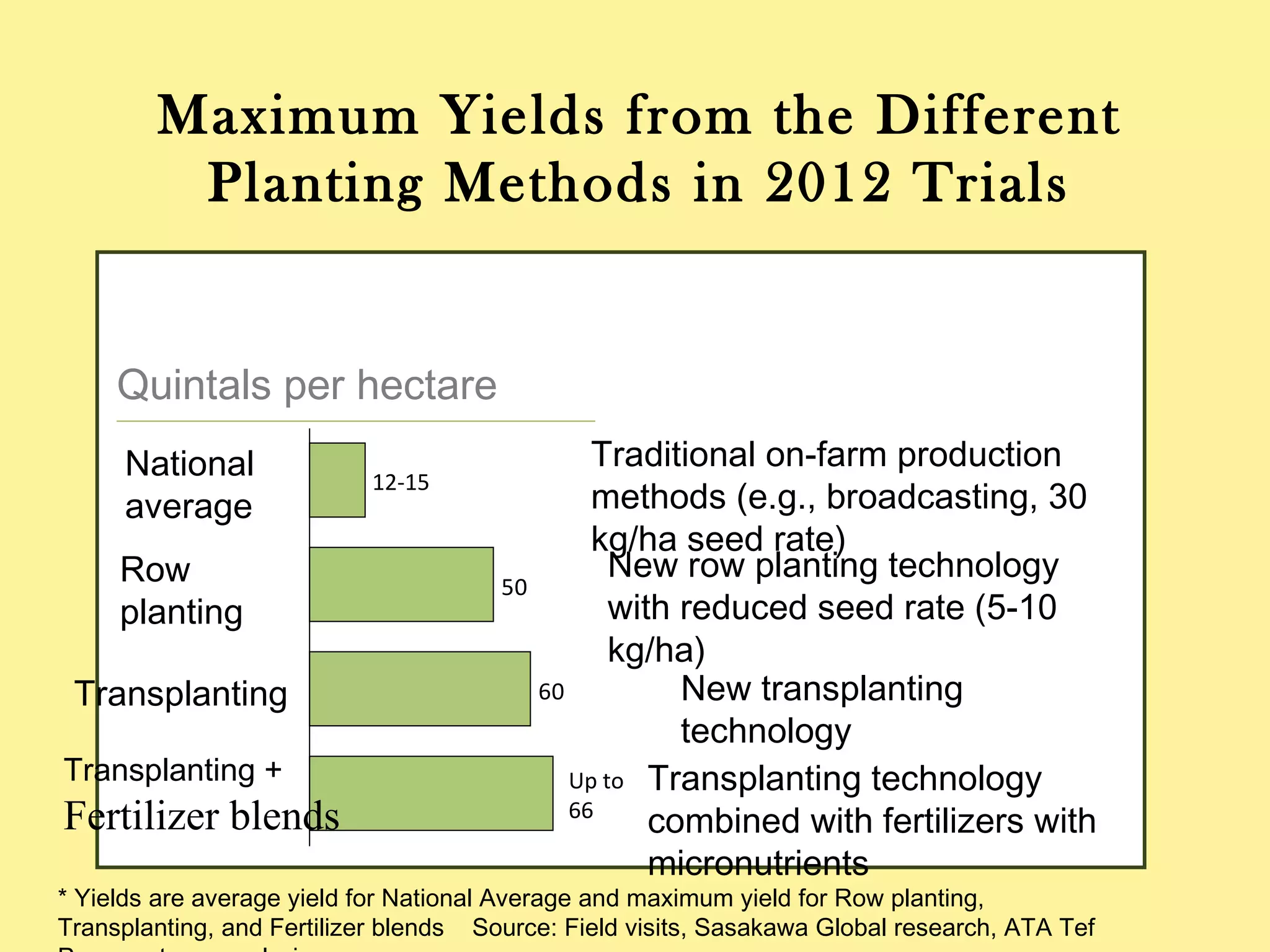 Maximum Yields from the Different Planting
Methods in 2012 Trials
Quintals per hectare
60
50
Transplanting +
Fertilizer blends
Up to
66
Transplanting
Row
planting
National
average
12-15
Traditional on-farm production methods
(e.g., broadcasting, 30 kg/ha seed rate)
New row planting technology with
reduced seed rate (5-10 kg/ha)
New transplanting technology
Transplanting technology combined
with fertilizers with micronutrients
* Yields are average yield for National Average and maximum yield for Row planting, Transplanting, and Fertilizer
blends Source: Field visits, Sasakawa Global research, ATA Tef Program team analysis
 