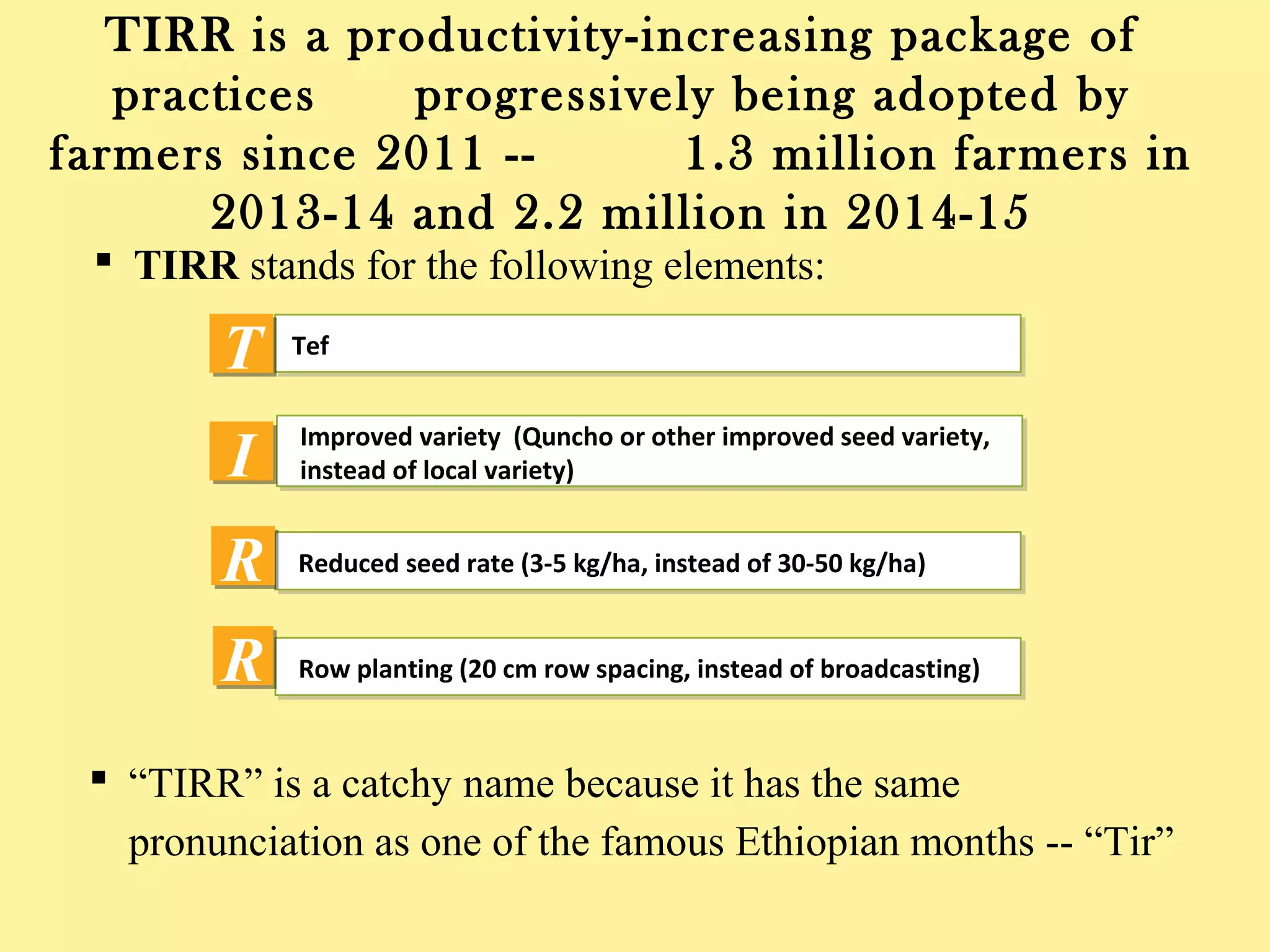 TIRR is a productivity-increasing package of practices
progressively being adopted by farmers since 2011 --
1.3 million farmers in 2013-14; 2.2 million in 2014-15
TefT
Row planting (20 cm row spacing, instead of broadcasting)R
Improved variety (Quncho or other improved seed variety,
instead of local variety)I
Reduced seed rate (3-5 kg/ha, instead of 30-50 kg/ha)R
 TIRR stands for the following elements:
 “TIRR” is a catchy name because it has the same pronunciation
as one of the famous Ethiopian months -- “Tir”
 