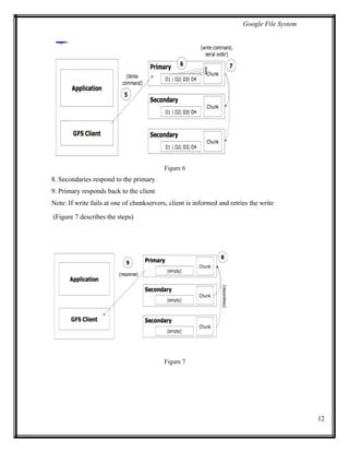 Google File System
Figure 6
8. Secondaries respond to the primary
9. Primary responds back to the client
Note: If write fails at one of chunkservers, client is informed and retries the write
(Figure 7 describes the steps)
Figure 7
12
 