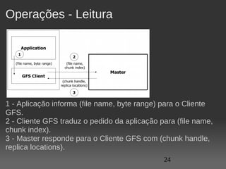 Operações - Leitura




1 - Aplicação informa (file name, byte range) para o Cliente 
GFS.
2 - Cliente GFS traduz o pedido da aplicação para (file name, 
chunk index).
3 - Master responde para o Cliente GFS com (chunk handle, 
replica locations).
                                              24
 