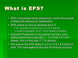 What is EPS? EPS is Expanded bead polystyrene, small white beads molded (like packing for appliances) EPS comes in various densities lb/cu ft ? lb, 1 lb is 90% of what we use, 1.5, 2.0, 3, and 4 lb ? usually for packaging, 1lb or 1.5 lb for shapes or insulation Extruded Polystrene is the opened cell blue, pink, yellow board that is typically 1 C 3 in thick 4 ft x 8 ft sheets. We cut that also (1.7 lb density)  We receive the EPS billets in a 4 ft x 4 ft x 8 ft block to start. This does  not  limit the size of what we produce. 