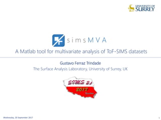 A Matlab tool for multivariate analysis of ToF-SIMS datasets
Wednesday, 20 September 2017 1
Gustavo Ferraz Trindade
The Surface Analysis Laboratory, University of Surrey, UK
s i m s M V A
 