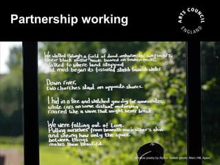 Partnership working




                      Window poetry by Alyson Hallett (photo: Marc Hill, Apex)
 