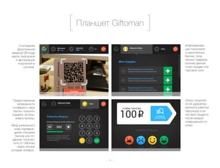 Планшет Giftoman 
– 14 – 
Считывание 
фронтальной 
камерой QR-кода 
карты покупателя 
и авторизация 
покупателя в 
системе. 
Предоставление 
возможности 
«отоварить» свои 
баллы, получить 
подарки, исполь- 
зовать купоны. 
Ввод уникального 
кода подтверж- 
дения списания 
баллов или по- 
дарков, получен- 
ного от Giftoman 
через личный 
сотовый телефон. 
Информирова- 
ние покупателя 
о накопленных 
баллах, полу- 
ченных подарках, 
купонах данной 
точки продаж или 
торговой сети. 
Опрос покупате- 
ля об удовлетво- 
ренности работой 
персонала и ка- 
чеством продукта 
после каждой 
совершенной по- 
купки. 
 