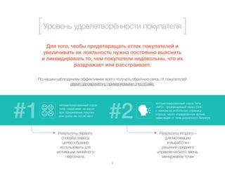 Уровень удовлетворённости покупателя 
Для того, чтобы предотвращать отток покупателей и 
увеличивать их лояльность нужно постоянно выяснять 
и ликвидировать то, чем покупатели недовольны, что их 
раздражает или расстраивает. 
По нашим наблюдениям эффективнее всего получать обратную связь от покупателей 
двумя одновременно применяемыми способами: 
– 8 – 
Результаты первого 
способа опроса 
целесообразно 
использовать для 
мотивации линейного 
персонала. 
Результаты второго – 
для мотивации 
и выработки 
решений среднего 
управленческого звена, 
менеджеров точек 
автоматизированный опрос 
типа «смайлики» на кассе 
при оформлении покупки 
или сразу же после него 
автоматизированный опрос типа 
«NPS», производимый через СМС 
с линком на мобильную страницу 
опроса, через определенное время, 
зависящее от типа розничного бизнеса 
 