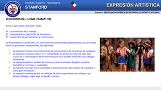 EXPRESIÓN ARTÍSTICA
Carrera: TECNOLOGÍA SUPERIOR EN DESARROLLO INFANTIL INTEGRAL
FUNCIONES DEL JUEGO DRAMÁTICO
Entre sus principales funciones están:
 La asimilación de la realidad.
 La preparación y superación de situaciones.
 La expresión de pensamientos y sentimientos.
La dramatización es un recurso con extraordinarias posibilidades globalizadoras, ya que incluye
entre sus principales componentes, los siguientes:
• La expresión verbal, como instrumento de comunicación y de concreción de realidades.
• La expresión corporal, natural en el niño/a desde los primeros meses de vida. Será
crucial en la comunicación de sentimientos que no se pueden transmitir con la lengua
únicamente.
• La expresión plástica, a través de máscaras, títeres y disfraces dirigidos a motivar,
desinhibir e incentivar la creatividad.
• La expresión musical, como coordinadora del movimiento, del sonido y de la palabra, y
como gran motivadora.
• La expresión creativa, ya que los niños/as de forma espontánea van a elaborar sus
propios diálogos, según vaya surgiendo la acción.
 