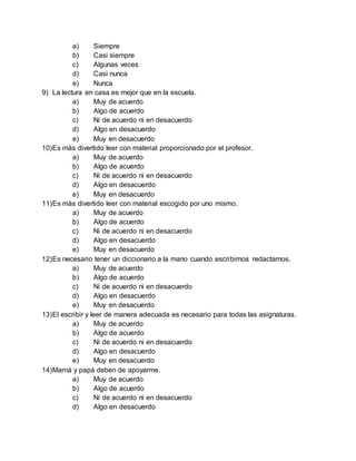 a) Siempre
b) Casi siempre
c) Algunas veces
d) Casi nunca
e) Nunca
9) La lectura en casa es mejor que en la escuela.
a) Muy de acuerdo
b) Algo de acuerdo
c) Ni de acuerdo ni en desacuerdo
d) Algo en desacuerdo
e) Muy en desacuerdo
10)Es más divertido leer con material proporcionado por el profesor.
a) Muy de acuerdo
b) Algo de acuerdo
c) Ni de acuerdo ni en desacuerdo
d) Algo en desacuerdo
e) Muy en desacuerdo
11)Es más divertido leer con material escogido por uno mismo.
a) Muy de acuerdo
b) Algo de acuerdo
c) Ni de acuerdo ni en desacuerdo
d) Algo en desacuerdo
e) Muy en desacuerdo
12)Es necesario tener un diccionario a la mano cuando escribimos redactamos.
a) Muy de acuerdo
b) Algo de acuerdo
c) Ni de acuerdo ni en desacuerdo
d) Algo en desacuerdo
e) Muy en desacuerdo
13)El escribir y leer de manera adecuada es necesario para todas las asignaturas.
a) Muy de acuerdo
b) Algo de acuerdo
c) Ni de acuerdo ni en desacuerdo
d) Algo en desacuerdo
e) Muy en desacuerdo
14)Mamá y papá deben de apoyarme.
a) Muy de acuerdo
b) Algo de acuerdo
c) Ni de acuerdo ni en desacuerdo
d) Algo en desacuerdo
 
