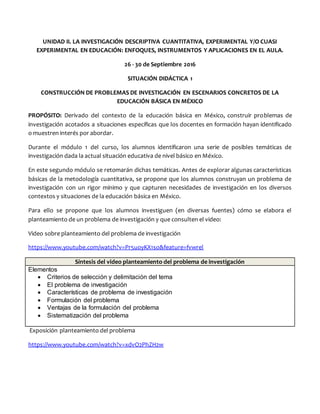 UNIDAD II. LA INVESTIGACIÓN DESCRIPTIVA CUANTITATIVA, EXPERIMENTAL Y/O CUASI
EXPERIMENTAL EN EDUCACIÓN: ENFOQUES, INSTRUMENTOS Y APLICACIONES EN EL AULA.
26 - 30 de Septiembre 2016
SITUACIÓN DIDÁCTICA 1
CONSTRUCCIÓN DE PROBLEMAS DE INVESTIGACIÓN EN ESCENARIOS CONCRETOS DE LA
EDUCACIÓN BÁSICA EN MÉXICO
PROPÓSITO: Derivado del contexto de la educación básica en México, construir problemas de
investigación acotados a situaciones específicas que los docentes en formación hayan identificado
o muestren interés por abordar.
Durante el módulo 1 del curso, los alumnos identificaron una serie de posibles temáticas de
investigación dada la actual situación educativa de nivel básico en México.
En este segundo módulo se retomarán dichas temáticas. Antes de explorar algunas características
básicas de la metodología cuantitativa, se propone que los alumnos construyan un problema de
investigación con un rigor mínimo y que capturen necesidades de investigación en los diversos
contextos y situaciones de la educación básica en México.
Para ello se propone que los alumnos investiguen (en diversas fuentes) cómo se elabora el
planteamiento de un problema de investigación y que consulten el video:
Video sobre planteamiento del problema de investigación
https://www.youtube.com/watch?v=Pr5uoyKX1so&feature=fvwrel
Síntesis del video planteamiento del problema de investigación
Elementos
 Criterios de selección y delimitación del tema
 El problema de investigación
 Características de problema de investigación
 Formulación del problema
 Ventajas de la formulación del problema
 Sistematización del problema
Exposición planteamiento del problema
https://www.youtube.com/watch?v=xdvO2PhZH2w
 