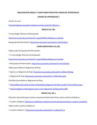 BIBLIOGRAFÍA BÁSICA Y COMPLEMENTARIA POR UNIDAD DE APRENDIZAJE.
UNIDAD DE APRENDIZAJE I
Acceso al curso
http://ed.dgespe.sep.gob.mx/pdi/course/view.php?id=7&topic=1
BÁSICA UA1, SD2
Tu tecnología. Motores de búsqueda:
http://www.youtube.com/watch?v=ogLGDMdR4Jk&feature=related
Búsqueda de información: http://www.youtube.com/watch?v=81slL6IZK4I
COMPLEMENTARIA UA1, SD2
Videos sobre búsqueda de información:
• Tu tecnología. Motores de búsqueda:
http://www.youtube.com/watch?v=ogLGDMdR4Jk&feature=related
• Búsqueda de información: http://www.youtube.com/watch?v=81slL6IZK4I
Videos para elaborar diagramas de flujo:
• Qué es un diagrama de flujo: http://www.youtube.com/watch?v=tMEscFCEP0g
• Diagrama de flujo: http://www.youtube.com/watch?v=FWhnG8r22pM
Plantillas para elaborar diagramas de flujo:
• http://office.microsoft.com/es-mx/templates/diagrama-de-flujo-sencillo-TC001018440.aspx
• http://140geek.com/programa-para-crear-diagramas-de-fljo-gratis/1088/
BÁSICA UA1, SD 4
Dirección electrónica para revisar una presentación electrónica sobre cuadros sinópticos:
• Cuadro sinóptico: http://www.slideshare.net/javiercontreras02/presentacion-cuadros-sinopticos
Videos sobre cuadros sinópticos:
• Cuadro sinóptico 1: http://www.youtube.com/watch?v=c3BcqcleY7w
 