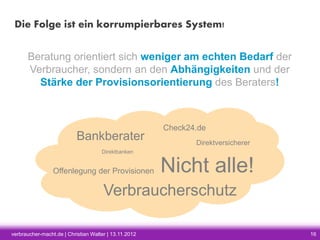 Die Folge ist ein korrumpierbares System!
Beratung orientiert sich weniger am echten Bedarf der
Verbraucher, sondern an den Abhängigkeiten und der
Stärke der Provisionsorientierung des Beraters!

Bankberater

Check24.de
Direktversicherer

Direktbanken

Offenlegung der Provisionen

Nicht alle!

Verbraucherschutz
verbraucher-macht.de | Christian Walter | 13.11.2012

16

 