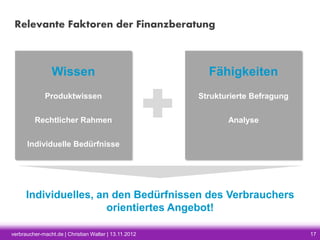 Relevante Faktoren der Finanzberatung

Wissen

Fähigkeiten

Produktwissen

Strukturierte Befragung

Rechtlicher Rahmen

Analyse

Individuelle Bedürfnisse

Individuelles, an den Bedürfnissen des Verbrauchers
orientiertes Angebot!
verbraucher-macht.de | Christian Walter | 13.11.2012

17

 