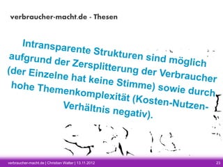 verbraucher-macht.de - Thesen

verbraucher-macht.de | Christian Walter | 13.11.2012

23

 