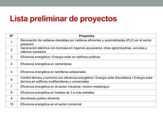 Lista preliminar de proyectos
N° Proyectos
1
Renovación de calderas obsoletas por calderas eficientes y automatizadas (PLC) en el sector
pesquero
2
Generación eléctrica con biomasa en ingenios azucareros, otras agroindustrias, avícolas y
rellenos sanitarios
3 Eficiencia energética / Energía solar en edificios públicos
4 Eficiencia energética en cementeras
5 Eficiencia energética en ladrilleras artesanales
6
Confort térmico y lumínico con eficiencia energética / Energía solar fotovoltaica / Energía solar
térmica en edificios multifamiliares y comerciales
7 Eficiencia energética en el sector industrial, minero-metalúrgico
8 Eficiencia energética en hoteles de 3 a más estrellas
9 Alumbrado público eficiente
10 Eficiencia energética en el sector comercial
 