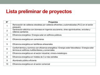 Lista preliminar de proyectos
N° Proyectos
1
Renovación de calderas obsoletas por calderas eficientes y automatizadas (PLC...