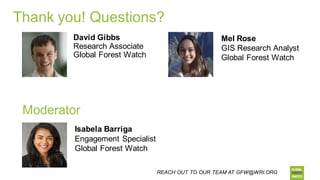 Thank you! Questions?
David Gibbs
Research Associate
Global Forest Watch
Isabela Barriga
Engagement Specialist​
Global Forest Watch
Moderator
Mel Rose
GIS Research Analyst
Global Forest Watch
REACH OUT TO OUR TEAM AT GFW@WRI.ORG
 