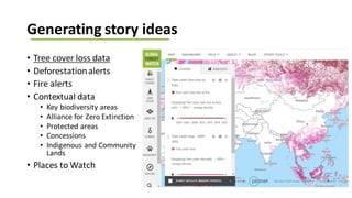 Generating story ideas
• Tree cover loss data
• Deforestationalerts
• Fire alerts
• Contextual data
• Key biodiversity areas
• Alliance for Zero Extinction
• Protected areas
• Concessions
• Indigenous and Community
Lands
• Places to Watch
 