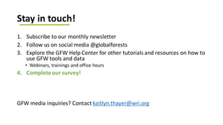 Stay in touch!
1. Subscribe to our monthly newsletter
2. Follow us on social media @globalforests
3. Explore the GFW Help Center for other tutorials and resources on how to
use GFW tools and data
• Webinars, trainings and office hours
4. Complete our survey!
GFW media inquiries? Contact kaitlyn.thayer@wri.org
 