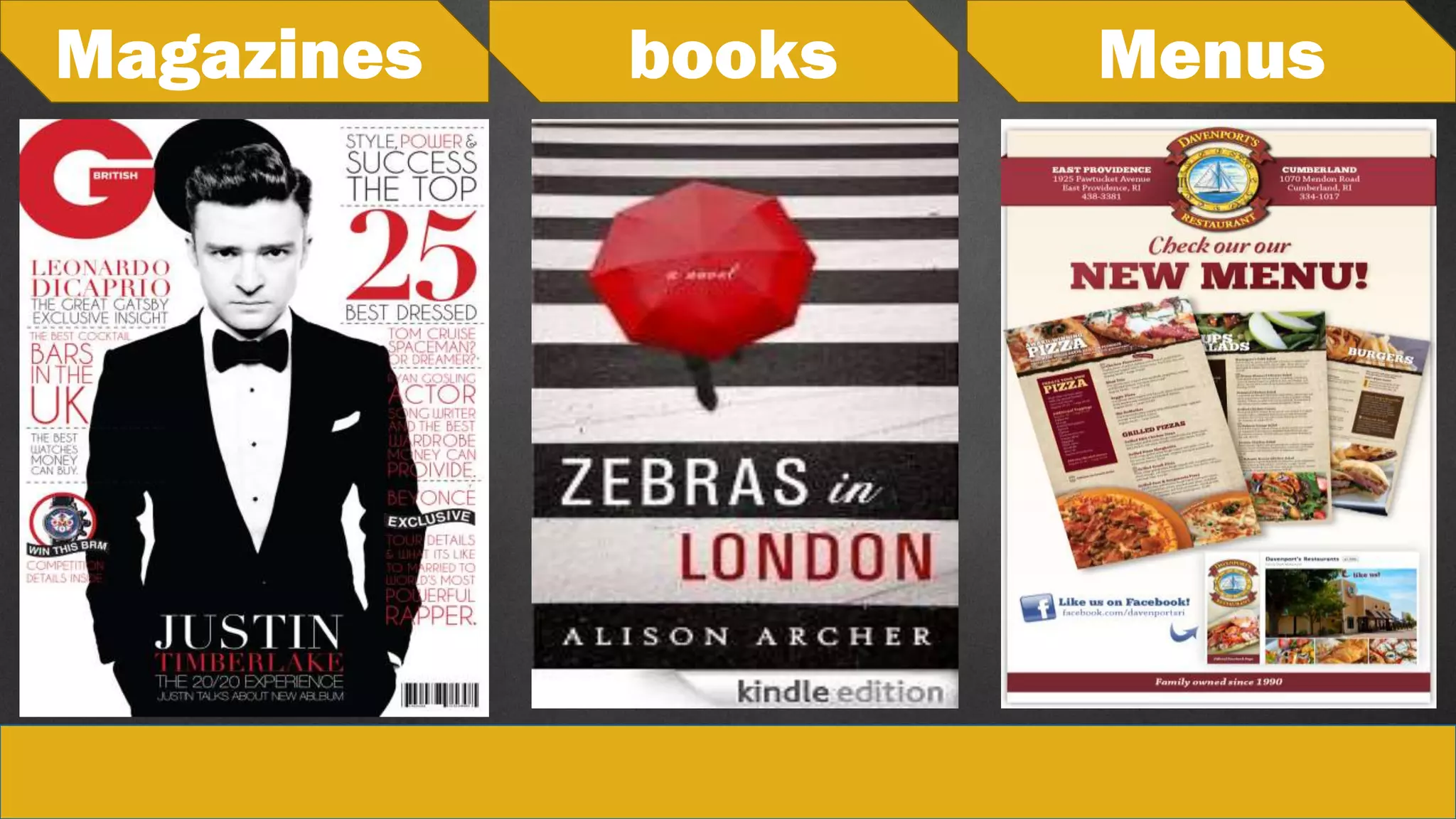 Magazines books Menus
 