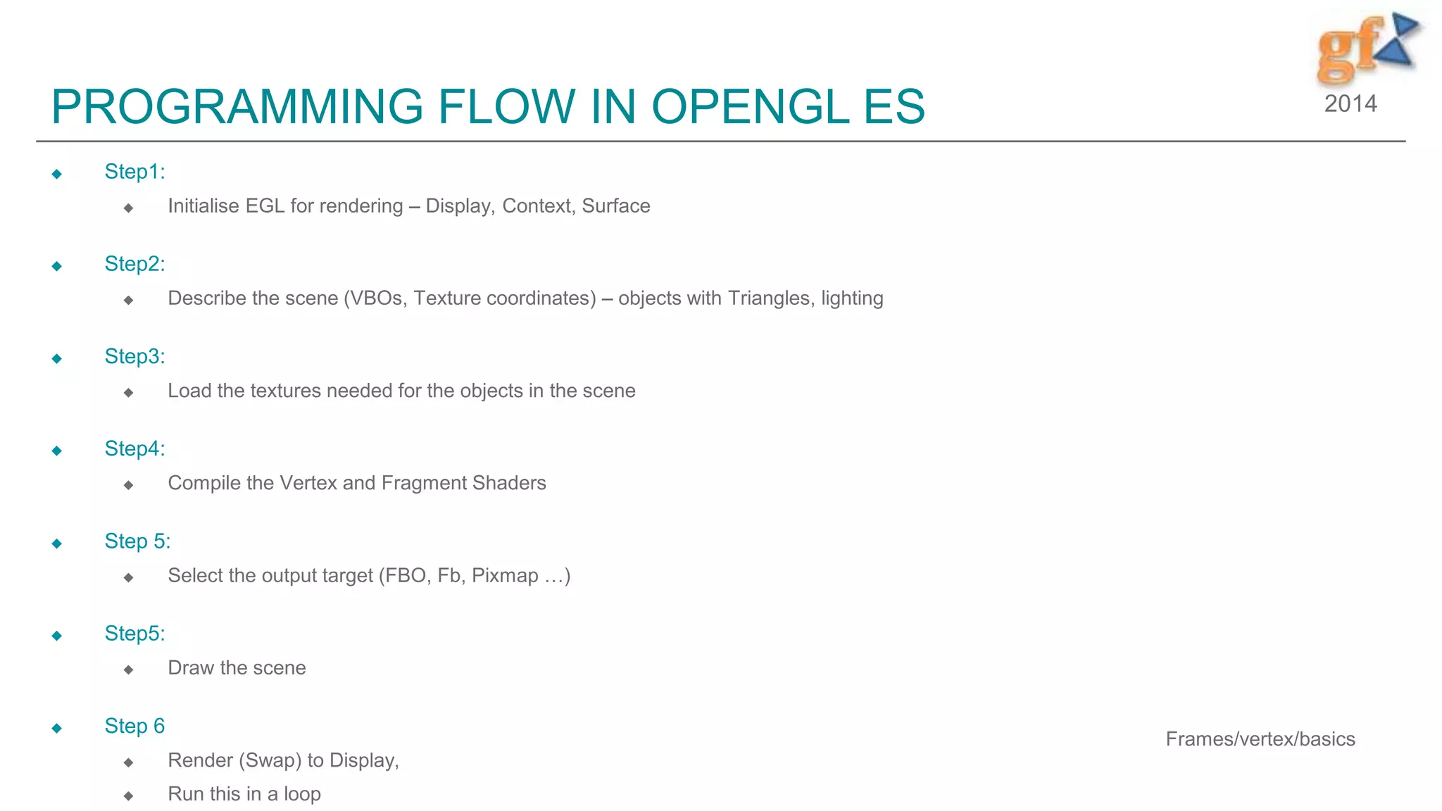 2014PROGRAMMING FLOW IN OPENGL ES
 Step1:
 Initialise EGL for rendering – Display, Context, Surface
 Step2:
 Describe the scene (VBOs, Texture coordinates) – objects with Triangles, lighting
 Step3:
 Load the textures needed for the objects in the scene
 Step4:
 Compile the Vertex and Fragment Shaders
 Step 5:
 Select the output target (FBO, Fb, Pixmap …)
 Step5:
 Draw the scene
 Step 6
 Render (Swap) to Display,
 Run this in a loop
Frames/vertex/basics
 