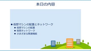 2
本日の内容
 仮想マシンの配置とネットワーク
 仮想マシンの配置
 仮想ネットワーク
 さまざまな関連機能
 