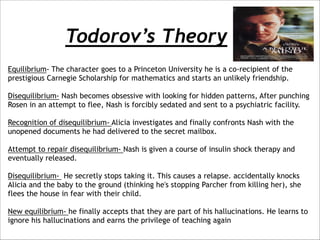 Todorov’s Theory
Equilibrium- The character goes to a Princeton University he is a co-recipient of the
prestigious Carnegie Scholarship for mathematics and starts an unlikely friendship.



Disequilibrium- Nash becomes obsessive with looking for hidden patterns, After punching
Rosen in an attempt to flee, Nash is forcibly sedated and sent to a psychiatric facility.



Recognition of disequilibrium- Alicia investigates and finally confronts Nash with the
unopened documents he had delivered to the secret mailbox.



Attempt to repair disequilibrium- Nash is given a course of insulin shock therapy and
eventually released.



Disequilibrium- He secretly stops taking it. This causes a relapse. accidentally knocks
Alicia and the baby to the ground (thinking he's stopping Parcher from killing her), she
flees the house in fear with their child.



New equilibrium- he finally accepts that they are part of his hallucinations. He learns to
ignore his hallucinations and earns the privilege of teaching again

 