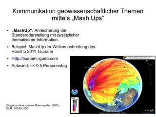Kommunikation geowissenschaftlicher Themen
                mittels „Mash Ups“
●   „MashUp“: Anreicherung der
    Standarddarstellung mit zusätzlicher
    thematischer Information.
●   Beispiel: MashUp der Wellenausbreitung des
    Honshu 2011 Tsunami
●   Http://tsunami.igude.com
●   Aufwand: << 0.5 Personentag




Eingebundene externe Datenquellen (KML):
DLR, NOAA, IOC
 