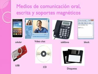 Medios de comunicación oral,
escrita y soportes magnéticos

celular

USB

Video chat

CD

teléfono

Disquetes

block

 