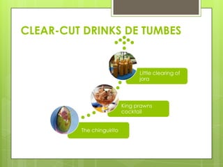 CLEAR-CUT DRINKS DE TUMBES

Little clearing of
jora

King prawns
cocktail
The chinguirito

 