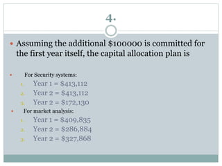 4.
 Assuming the additional $100000 is committed for
the first year itself, the capital allocation plan is
 For Security systems:
1. Year 1 = $413,112
2. Year 2 = $413,112
3. Year 2 = $172,130
 For market analysis:
1. Year 1 = $409,835
2. Year 2 = $286,884
3. Year 2 = $327,868
 