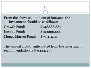 1.
From the above solution out of 800,000 the
investment should be as follows:
Growth Fund: $248888.889
Income Fund: $160000.000
Money Market Fund: $391111.111
The annual growth anticipated from the investment
recommendation is $94133.333
 