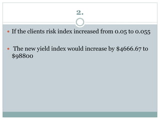 2.
 If the clients risk index increased from 0.05 to 0.055
 The new yield index would increase by $4666.67 to
$98800
 