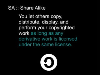 ND :: No derivatives You let others copy, distribute, and display your copyrighted work  only if no changes (derivatives) are made. 