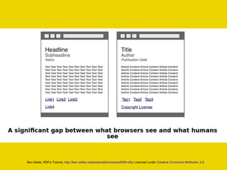 Ben Adida, RDFa Tutorial,  http://ben.adida.net/presentations/www2008-rdfa/  Licensed under  Creative Commons Attribution 3.0 